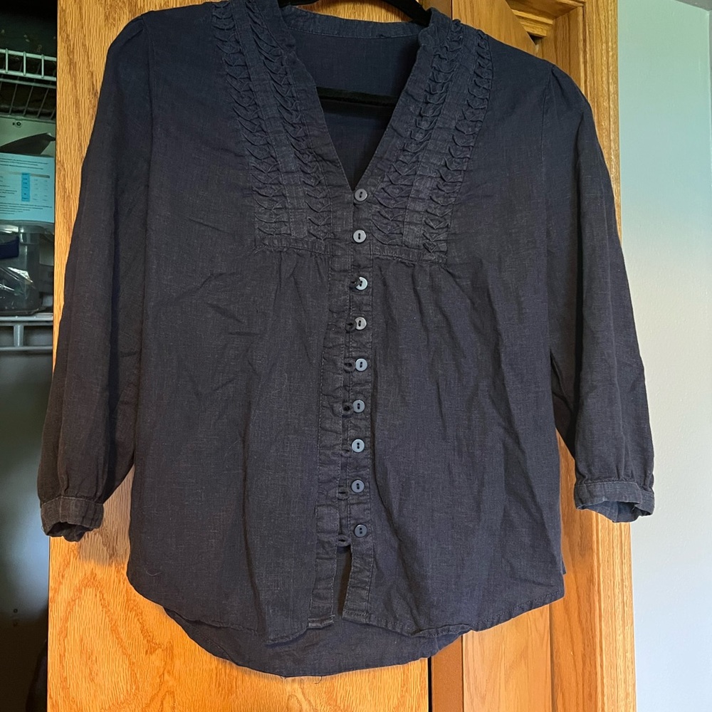 Blue button-up shirt with ruffles